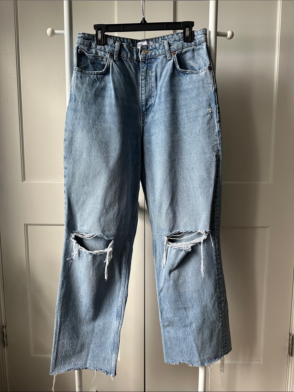 Zara Light Blue High-Rise Distressed Straight-Leg Jeans
